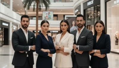 A group of five diverse professionals in navy and white business suits wearing luxury watches, standing in a high-end shopping mall interior.
