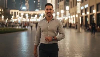 Confident lifestyle wearing luxury-style watch in Dubai UAE