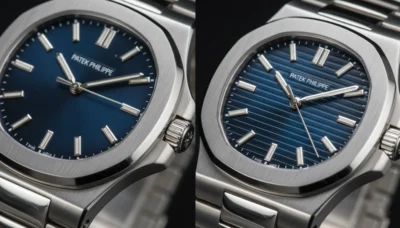 Close-up of Patek Philippe 40th Anniversary Nautilus copy watch on a polished wooden surface, highlighting the blue dial and stainless steel case.