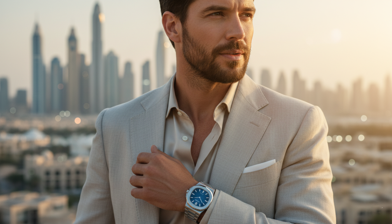 Luxury watch store in Dubai featuring Patek Philippe copy watches in illuminated showcases. First Copy Watches in Dubai