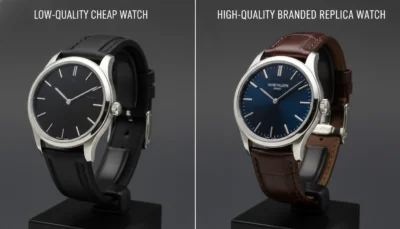 Comparison of cheap watches versus high-quality branded replica watches showing differences in finishing, clarity, and overall appearance.
