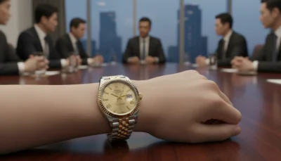 Close-up of Ladies Rolex 31 MM Date Just replica with gold dial, fluted bezel, and two-tone Jubilee bracelet.