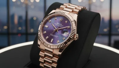 Elegant Ladies Rolex 31 MM Date Just replica with purple Mother of Pearl dial, fluted bezel, and President bracelet.