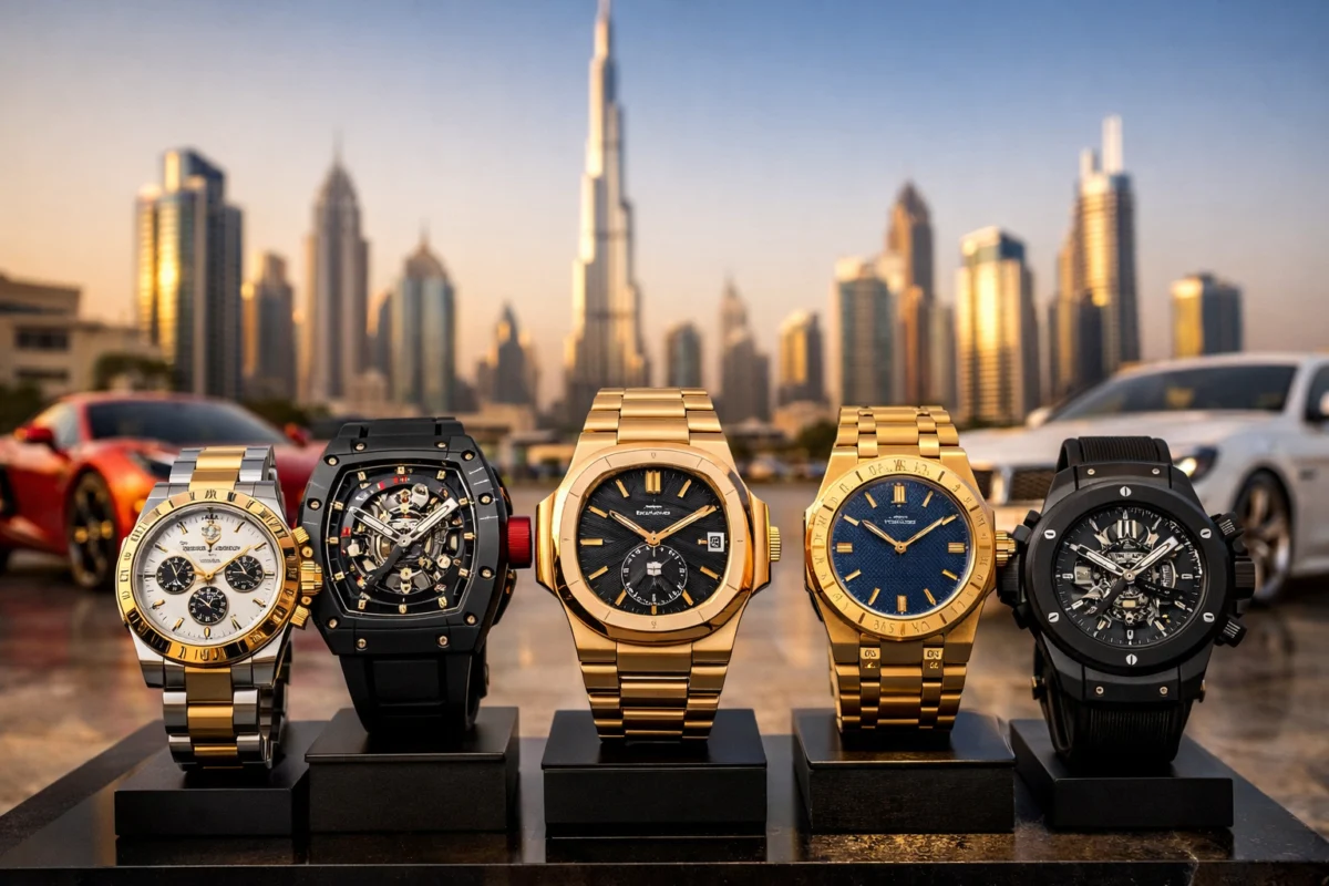 Luxury watches in Dubai featuring Rolex, Richard Mille, Patek Philippe, and Hublot, set against Dubai’s iconic skyline with skyscrapers and luxury cars.