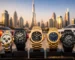 Luxury watches in Dubai featuring Rolex, Richard Mille, Patek Philippe, and Hublot, set against Dubai’s iconic skyline with skyscrapers and luxury cars.