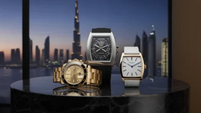 Curated collection of luxury watches including Rolex, Richard Mille, and Patek Philippe, displayed with Dubai’s skyline in the background.