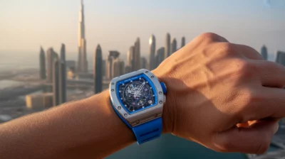 Richard Mille 055 Yas Marin Blue Ultra Slim watch displayed on a wrist with a bold, sporty design against Dubai’s modern city skyline.