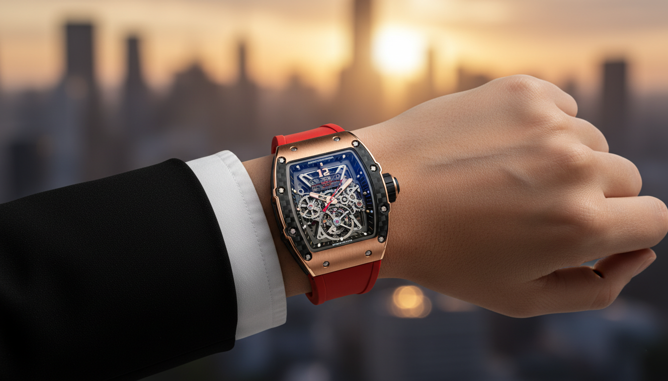 Bold luxury ladies watch inspired by Richard Mille worn by confident woman in city setting