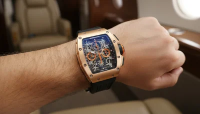 Close-up of Richard Mille RM011 watch highlighting its bold case design, chronograph layout, and sporty luxury style.
