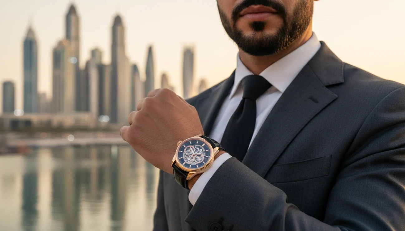 SWISS Watches Price in UAE worn by professional in Dubai lifestyle setting